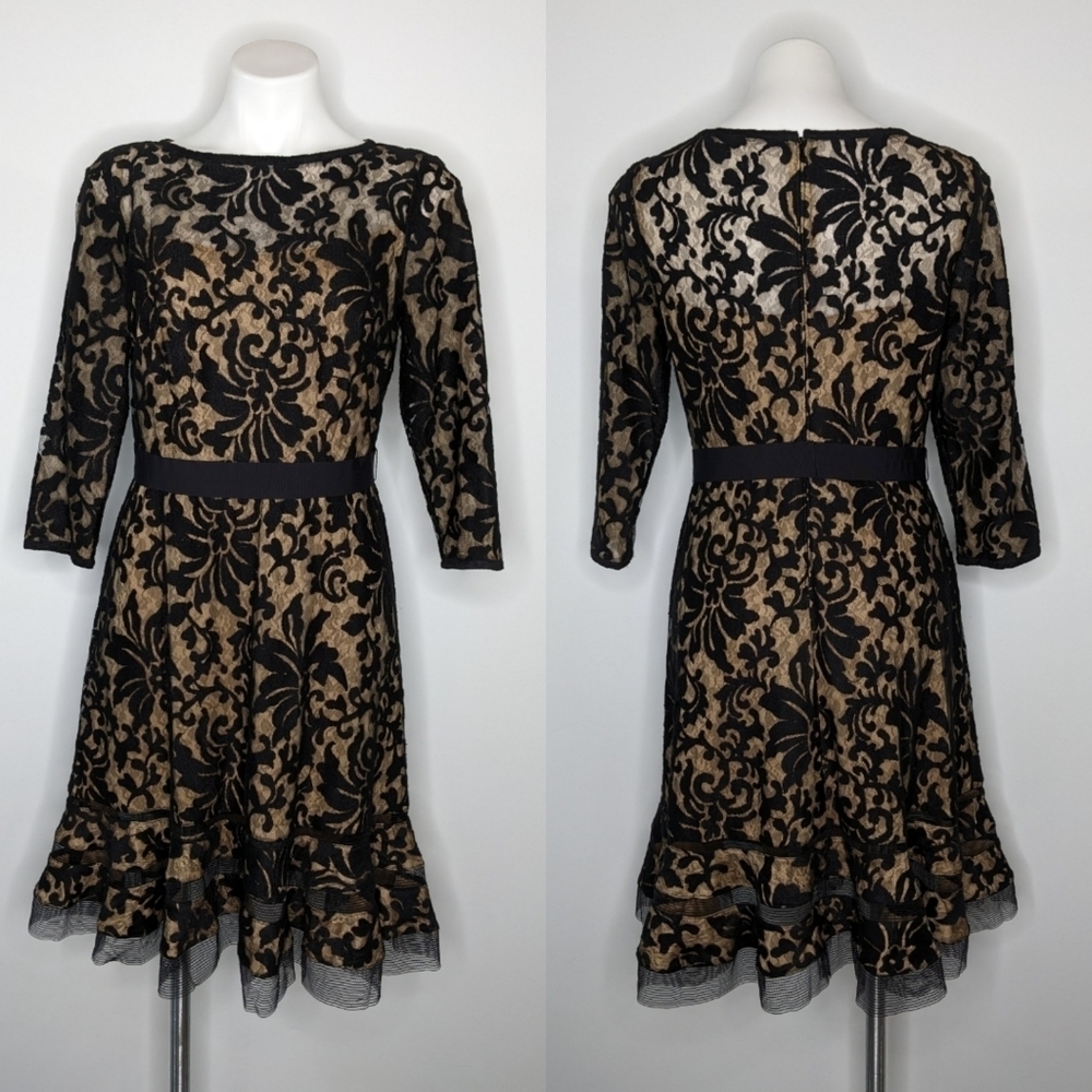 Tadashi Shoji Elegant Black and Gold Lace Dress